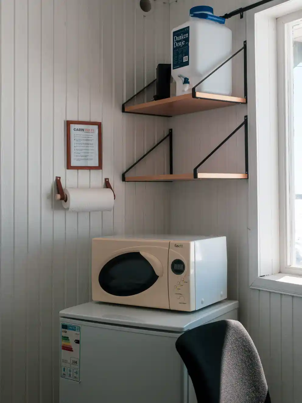 Kitchenette with a microwave, kettle and fridge