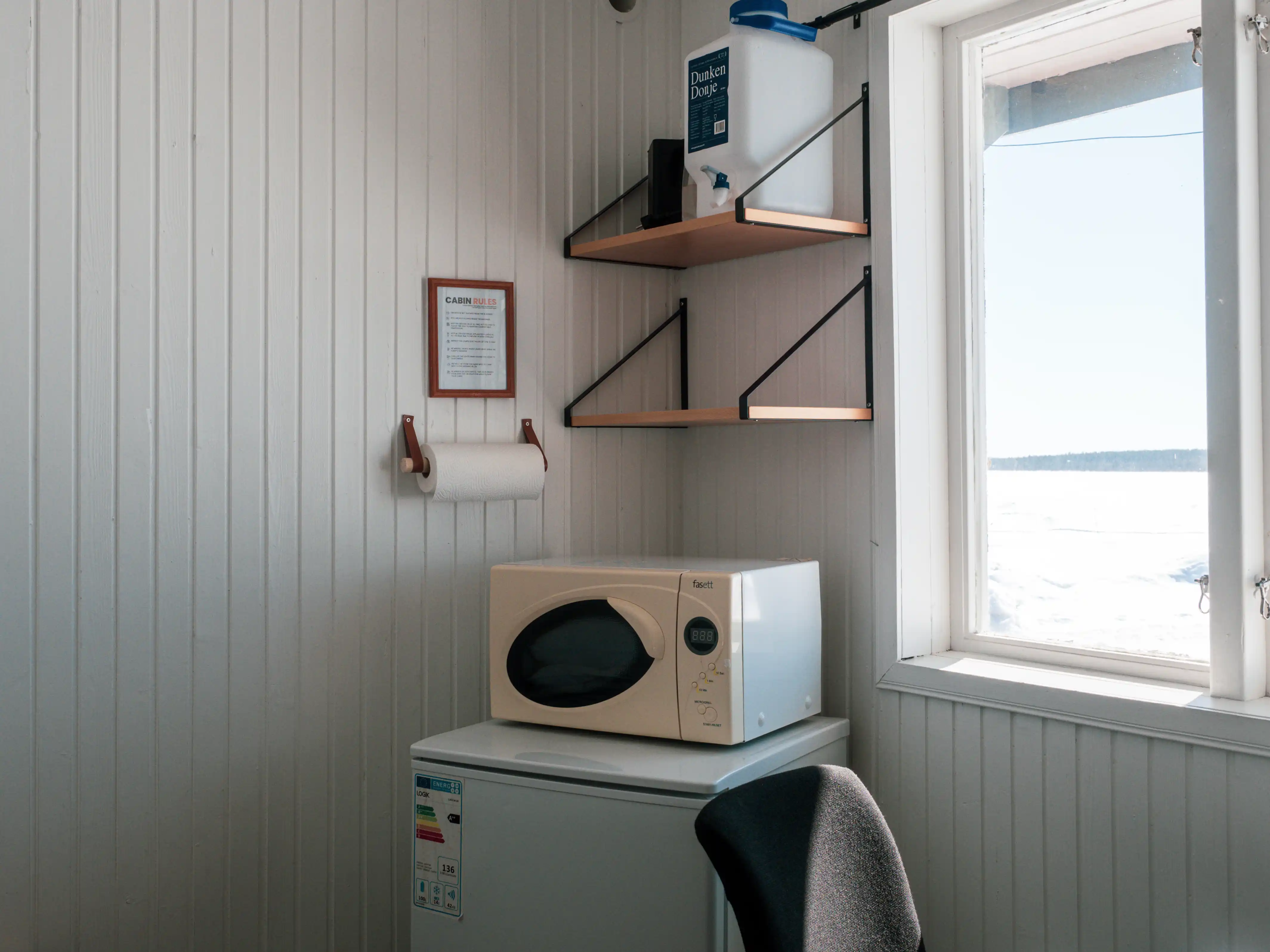 Kitchenette with a microwave, kettle and fridge