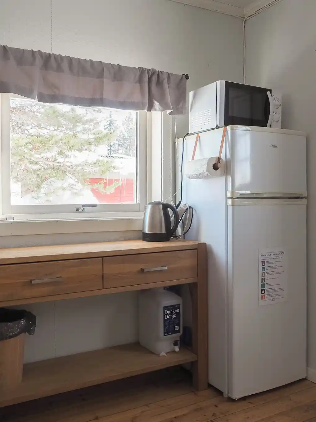 Kitchenette with a microwave, kettle and fridge