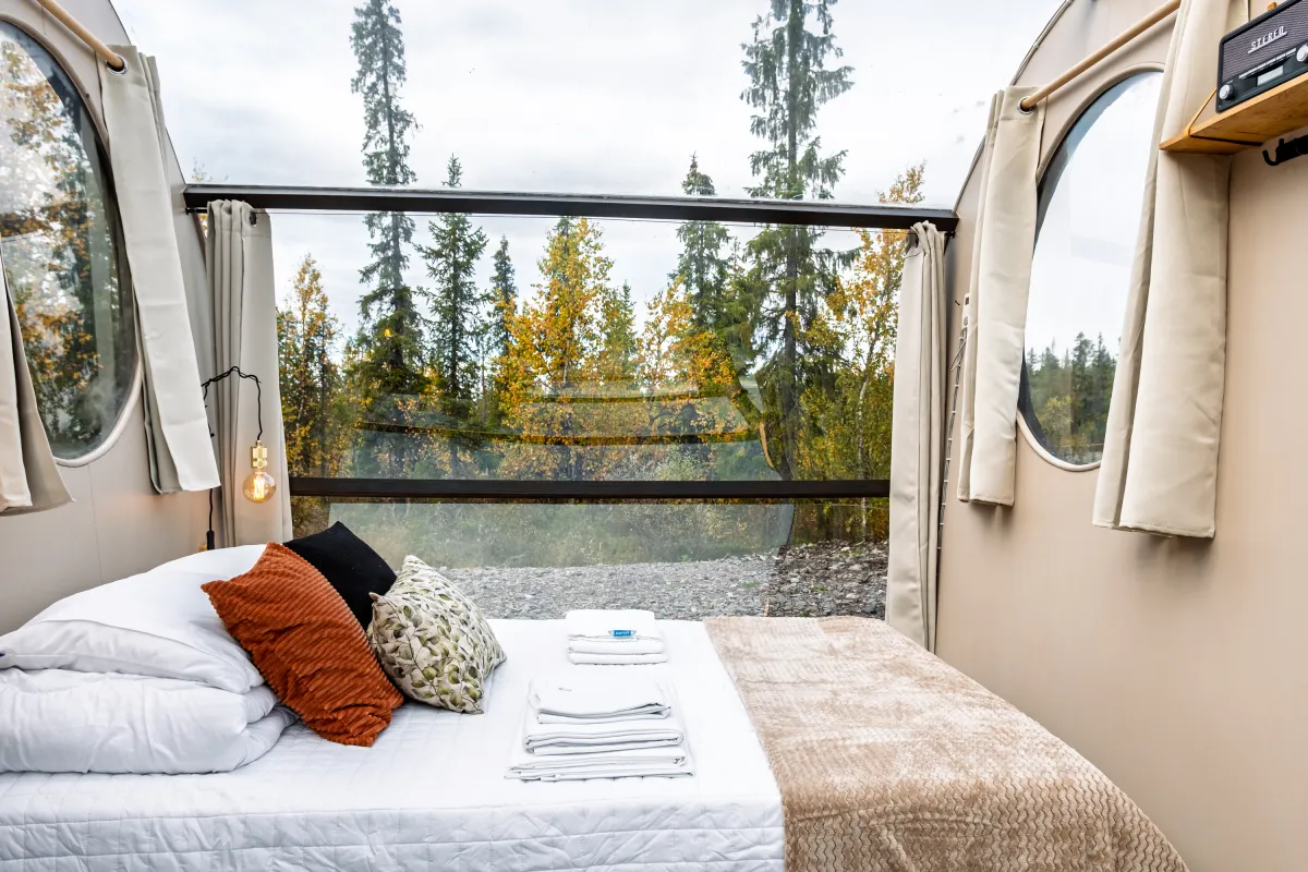 View of the forest and lake from the bed