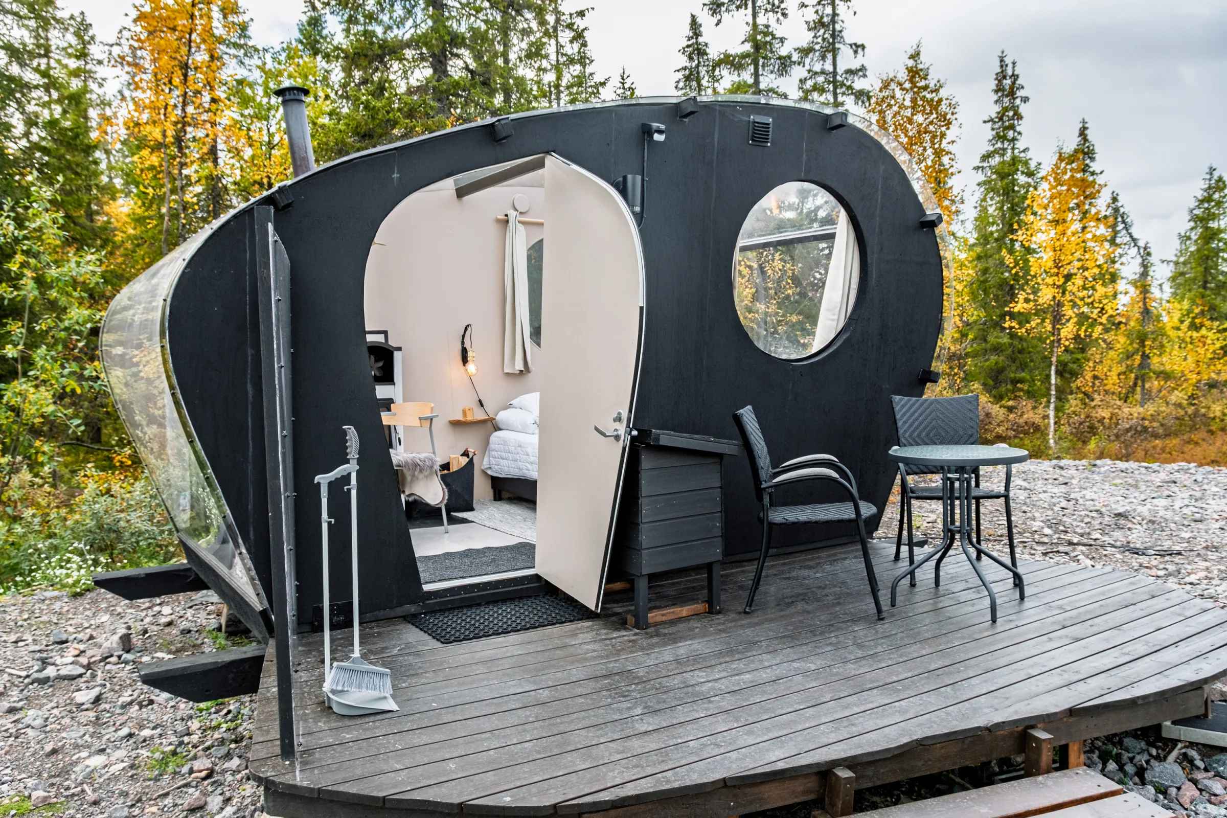 Glass cabin entrance with the door open